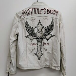 Affliction Shredded White Leather Jacket Distressed Cross Skull Wings Y2K Size L